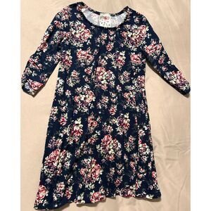 Jenna & Jessie Girl's Navy Floral Print Dress Adorable Ruched Sleeves Size 7